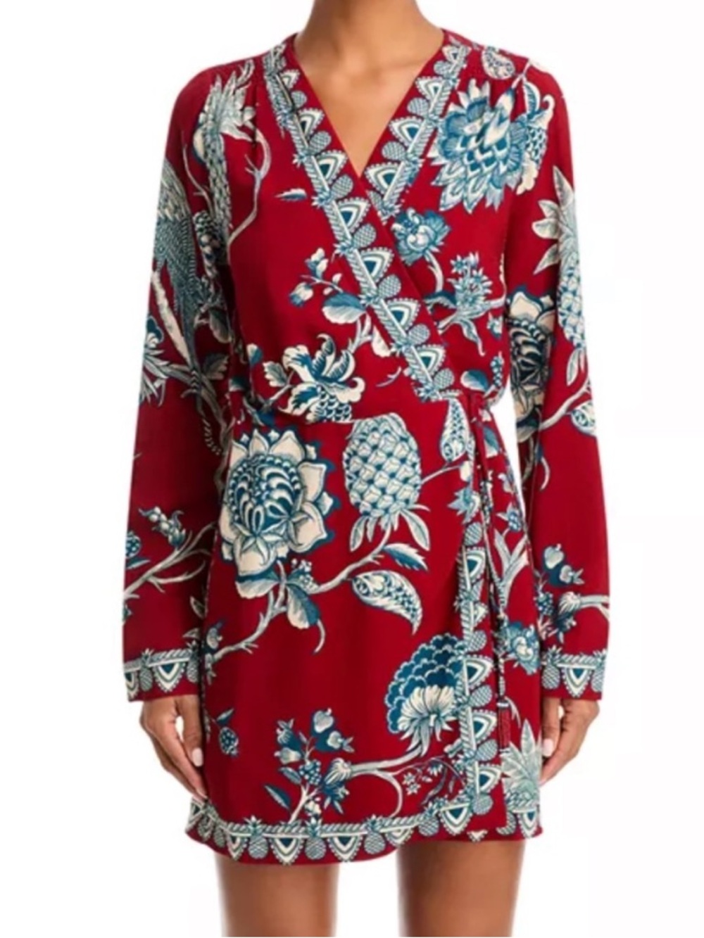Farm Rio Tropical Landing Red Wrap Mini Dress NWT Size Small Beaded Tassels - Picture 2 of 16